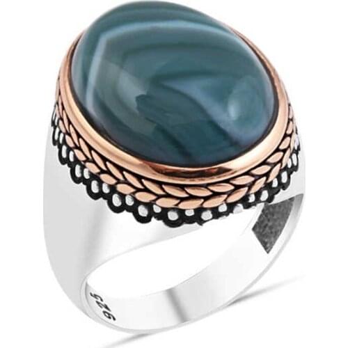 Hooded Green Agate Stone Silver Men 'S Ring
