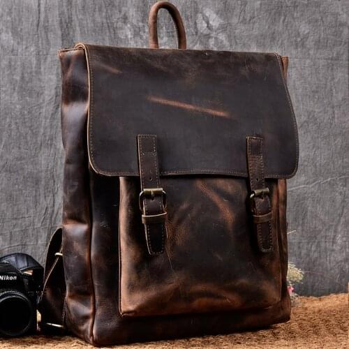 Retro British Wind Men Backpacks Men Shoulder Bags 14 Inch Laptop Bag Genuine Leather Travel Backpack Crazy Horse Leather