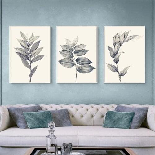 Hanging Wall Art Retro Gray Leaf Plant Posters and Prints Canvas Painting Minimalist Art Modern Home Decoration Cuadros Decor