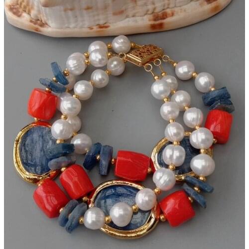 KKGEM natural 3 Strands Blue Kyanite Rough Oval Shape with gold plated edge Red Coral Cultured White Pearl Statement Bracelet