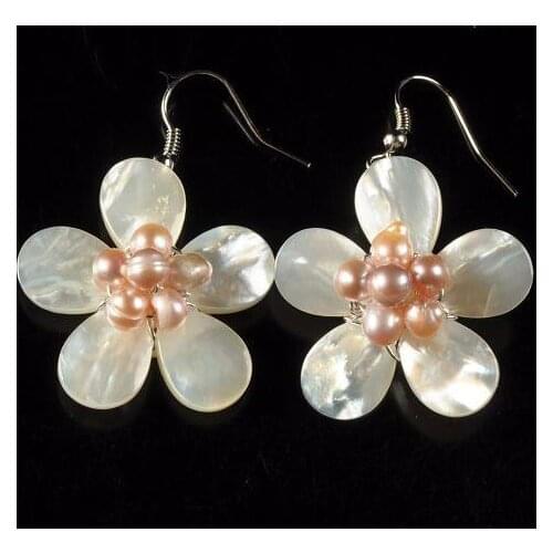 New Arriver Shell Pearl Flower Earrings, Pink Freshwater Pearl Shell Flower Handwork Dangle Earrings,S925 Silvers Jewellery