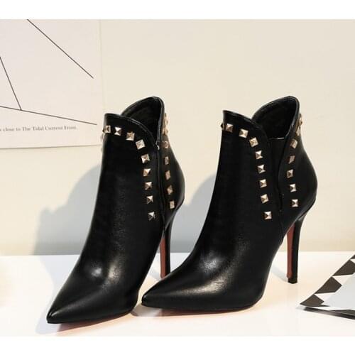 Ochanmeb New Punk Rock Rivets Studded Women Ankle Boots Stiletto High Heels Pointed Toe Red Beige High Heels Woman Booties Shoes