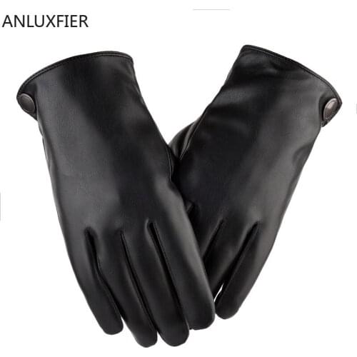 H10071 Warm Leather Gloves Men Winter Touch Screen Black Mittens Male Windproof Waterproof Plush Thickened Cycling Hand Muff