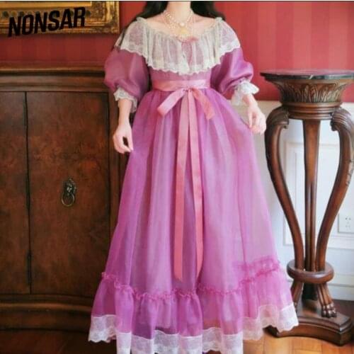 NONSAR Cottagecore Dress Purple Organza Lace Ruffled Shoulder Victorian Long Literary Retro Fairy Dress
