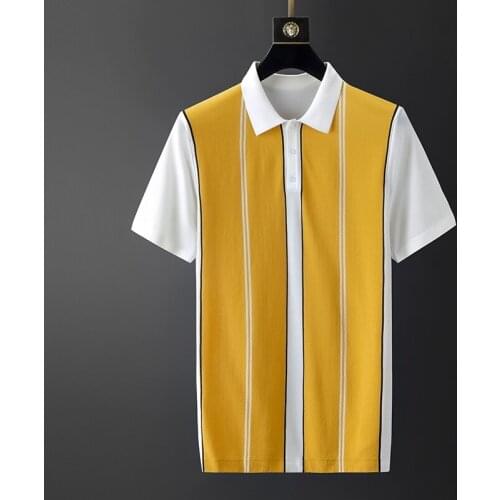 Mens Polo Shirt Summer Oversized Striped Knit Pullover Mens Lapel Breathable Yellow Gray Top M-4XL