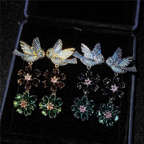 Retro Tassel Flower Earrings Heavy Industry Crystal Petals Micro-Studded Birds Earrings Women Luxury Drop Accessories On Ear New