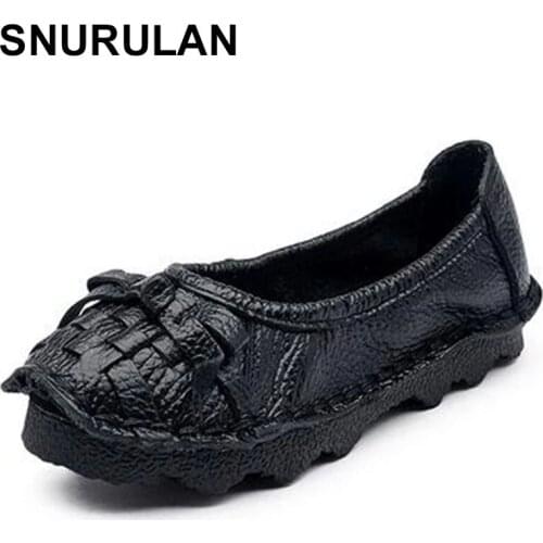 SNURULAN New Autumn Hand-stitched Shoes Woman Flat Shoes Elegant Fashion Bow Comfort Nion-slip Soft Genuine Leather Shoes Casual