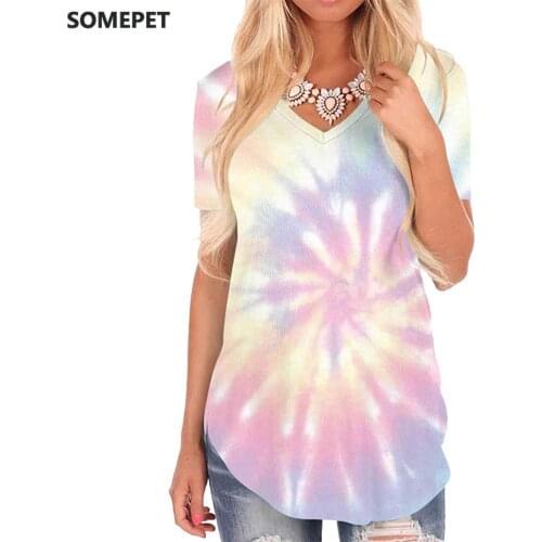 SOMEPET Tie Dye T Shirt Women Dizziness Shirt Print Colorful T-shirts 3d Art V-neck Tshirt Womens Clothing Hip hop Loose New