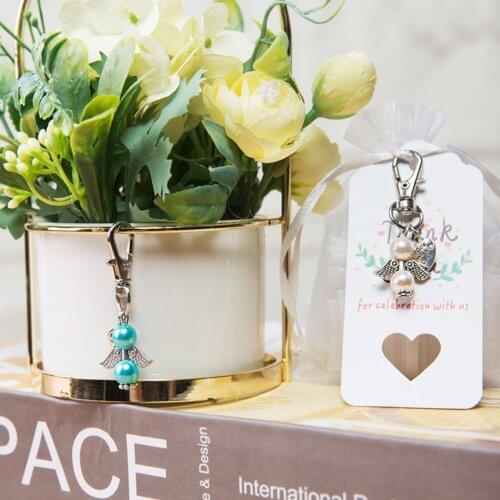 Behogar Wedding Favor Souvenir Angel Gift Set with Angle Keychain Pendants Thank You Tags and White Pouches for Guest Decoration