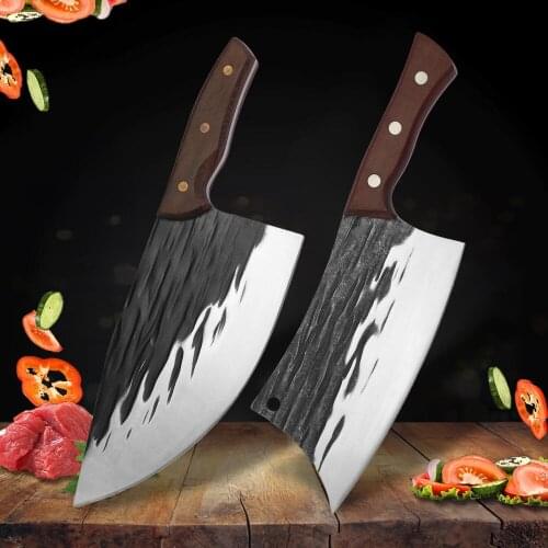 8 inch Traditional Handmade Forged Kitchen Knife Hammer Stainless Steel Chefs Chopper Cooking Knives Wooden Meat Slicer Butcher