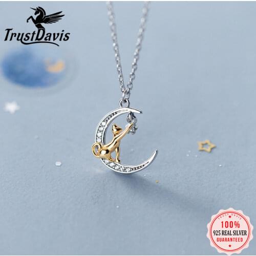 TrustDavis Real 925 Sterling Silver Fashion Sweet Moon Cat CZ Pendant Necklace For Women Wedding Mothers Day Jewelry DA2041