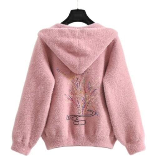 Imitate Mink Fleece Womens Jacket Autumn Winter 2021 New Loose Add Thick Embroidery All-Match Female Cardigan Sweater Coats