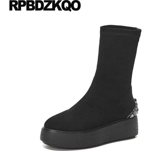 Diamond Platform Muffin Ladies Rhinestone Shoes Women Ankle Boots Medium Heel Crystal Wedge Flatform Slip On Suede High Black
