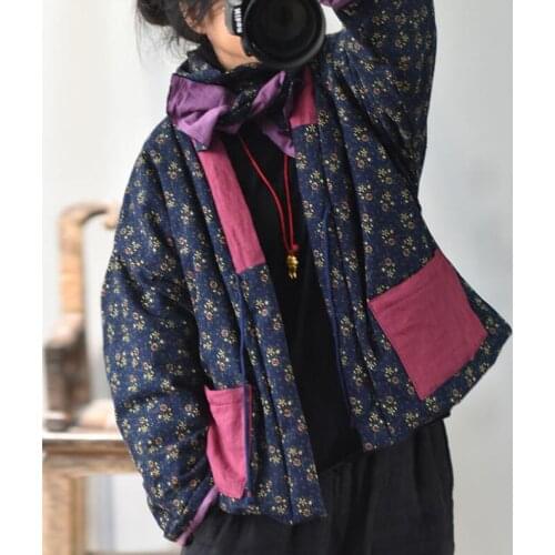 Women Parkas Warm V neck Pockets Contrast Color Print Floral Vintage Original Lace-up Buckle Cotton-Padded Winter Women Coat