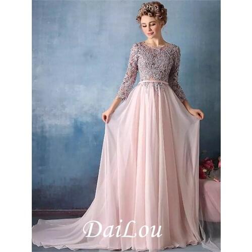 Sheath/Column Elegant Floral Engagement Formal Evening Dress Jewel Neck 3/4 Length Sleeve Court Train Chiffon with Sash/Ribbon