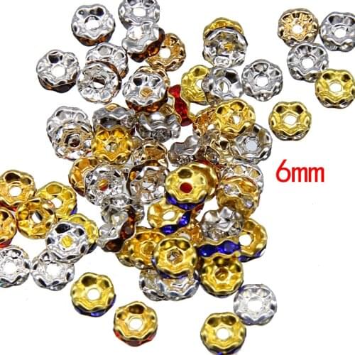100pcs/lot 6mm Gold Silver Color Rhinestone Rondelles Crystal Bead Loose Spacer Beads for DIY Jewelry Making Accessories