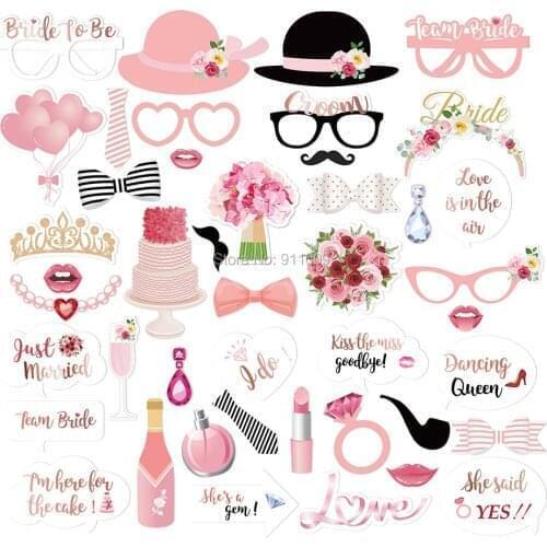 44pcs Paper Flower Photobooth Props Wedding Party Decorations Champagne Lipstick Diamond Ring Wedding Ceremony Party Supplies