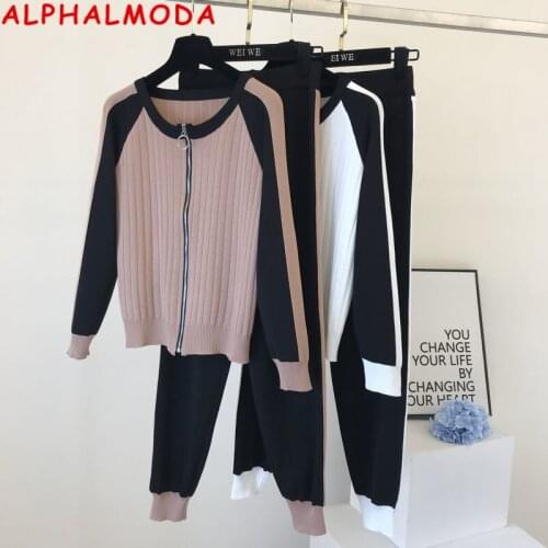ALPHALMODA 2020 Autumn Fall Knitted Cardigan Trousers Suit Womens Zipper Sweater Jumper Top Pants 2pcs Casual Tracksuit