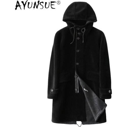 AYUNSUE Winter Jacket Men Suede Mens Clothing Genuine Wool Fur Coat Male Long Parka Hooded Jackets Mens Clothes Chaqueta LXR800