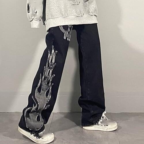 Fashion Street Jeans Womens 2021 New Straight High Waist Wide Leg Hip Hop Jeans Skull Dark Color Water Scrubbing Denim Pants