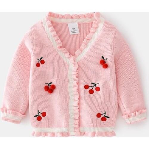 2-8T Cardigan Sweater For Girls Toddler Kid Baby Clothes Autumn Winter Warm Knitted Top Cherry Print Knitwear Cute Sweet Outfit