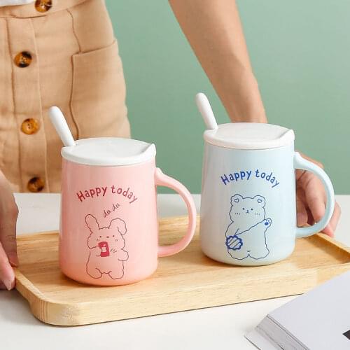 500ml Cartoon Bear Ceramic Coffee Mug With Lid Spoon Large Capacity Home Breakfast Milk Cup Creative Cute Children Gift Cup
