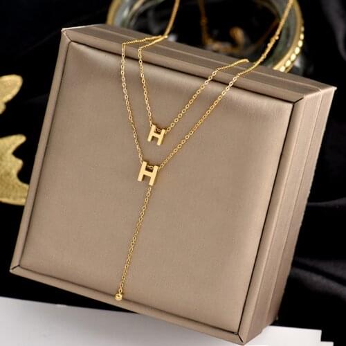 316L stainless steel light luxury minority double clavicle chain women double H tassels match web celebrity same choker