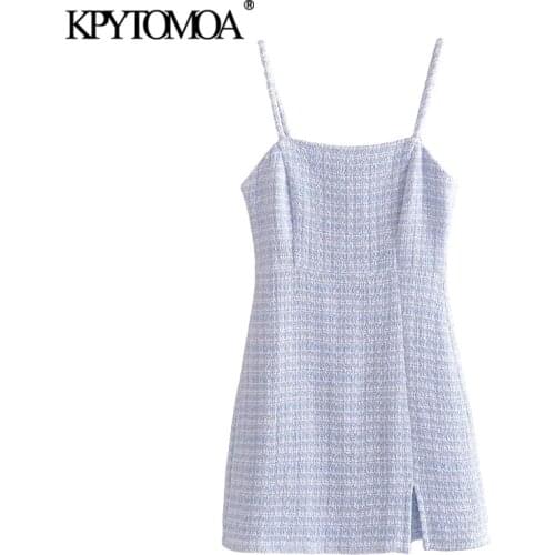 KPYTOMOA Women 2021 Chic Fashion Front Slit Hem Tweed Mini Dress Vintage Backless Zipper Thin Straps Female Dresses Vestidos