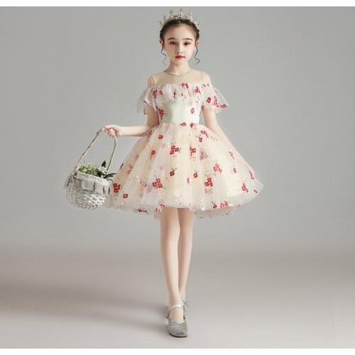 Champagne Baby Girl Flower Wedding Dresses Ruffles Kids Lace Party Princess Birthday Dresses Girls First Communion Gown