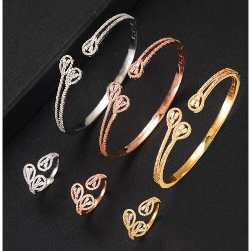 LARRAURI Romantic Exclusive Sweet Charm Open Bangle Ring Jewelry Sets for Women Accessories Full Clear Cubic Zirconia Jewelry