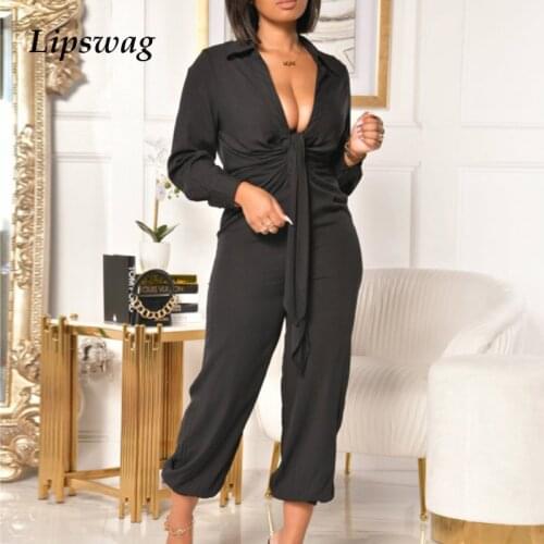 Fashion Sexy Deep V Neck Jumpsuit Women Spring Pleated Shirt Romper Overalls Autumn Long Sleeve Office Lady One Piece Playsuits
