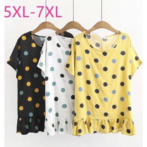 New 2021 summer plus size tops for women large short sleeve loose casual cotton yellow polka dot ruffle T-shirt 5XL 6XL 7XL