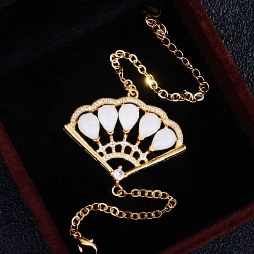 New Unique Bracelet Fan-Shaped Chain Inlay Water Drop Hetian Jade Stone Fashion Jewelry For Women Wedding Party Birthday Gift