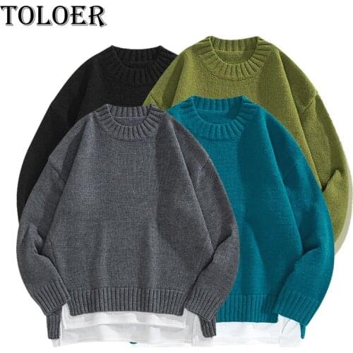 Autumn Men Fake Two Piece Stitching Sweaters Casual Loose Knit Pullovers Oversize Solid Knitwear Male Cozy All-match Long Sleeve