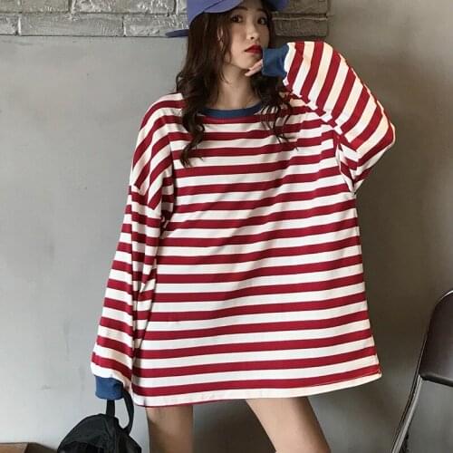 Autumn Harajuku T-shirt Women O-Neck Striped T-shirt Casual Long Sleeve Fashion Tops