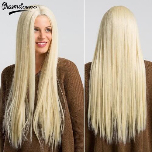 Charmsource Lace Front Wigs Long Straight Blonde Hair Synthetic Wig Codplay Daily Party Wig for White Black Women High Density