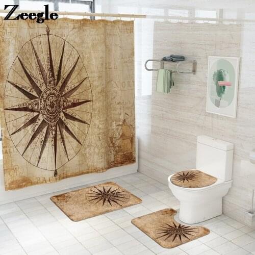 Retro Map Printing Bath Mat and Shower Curtain Set Flannel Non Slip Bathroom Carpet Toilet Foot Mat Bathroom Home Decor Bath Rug