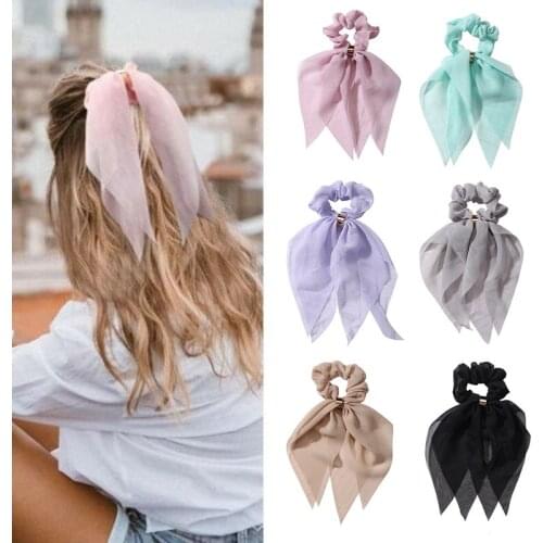Long Ribbon Chiffon Hair Scarf Women Fashion Solid color Elastic Hair Band Ponytail Holder hair ties Scrunchie Hair Accessories