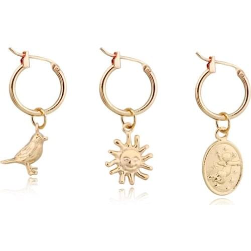 1Pair Chic Gold Color Small Sun Angel Hoop Earrings Women Cute Animals Bird Oval Pendant Endless Circle Earrings Jewelry E313
