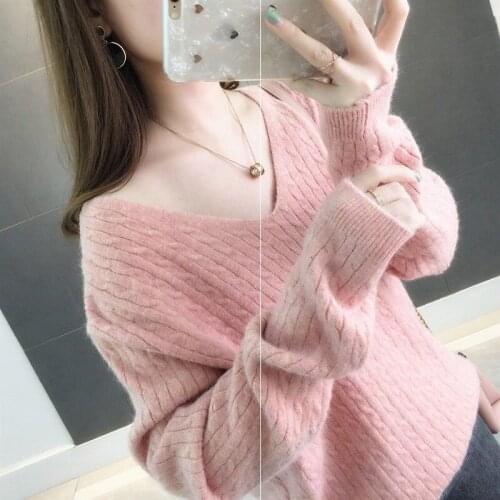 2020New Korean Fashion Casual V-Neck Women Sweater Winter Warm Jumper All-match Loose Cashmere Sweaters Womens Hedging Top A146