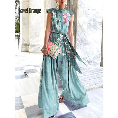 Summer Women Sleeveless Loose Long Jumpsuits Vintage Wide Leg Pants Sashes Printing Playsuit High Waist Streetwear Dropshipping