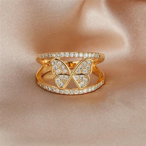 Vintage Female White Crystal Pendant Ring Charm Black Gold Wedding Rings For Women Cute Butterfly Hollow Engagement Ring