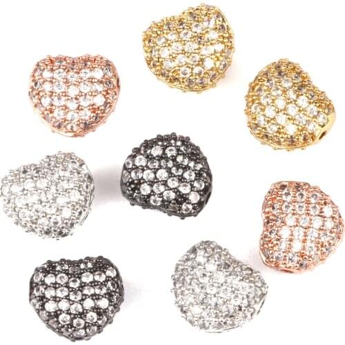 4 Color Rose Gold Silver Color Heart Beads Copper Jewelry Accessories White Zirconia Spacer Charm DIY Bracelet Making 3PC/lot