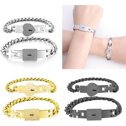 2Pcs Stainless Steel Lover Heart Love Lock Bracelet with Lock Key Bangles Kit Couple Jewelry Gift