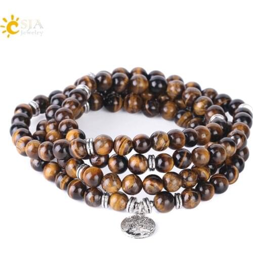 CSJA 108 Chakra Natural Gem Stone Tiger Eye Homme Bracelets Japamala 8mm Mala Beads Wrapped Bangle Men Meditation Jewellery F411