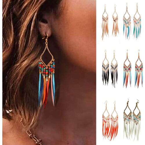 Boho Long Retro Feather Exaggerated Earrings Women Vintage Hanging Earrings Chain Tassel Earrings Jewelry For Women 2021