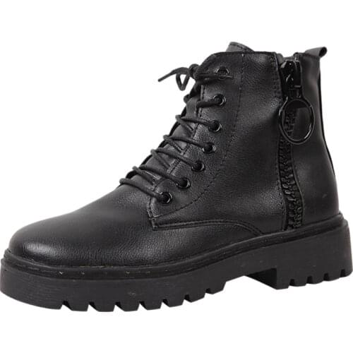New Spring Winter Boots Solid Black Leather Boots Women Shoes Woman Lace Up Zipper Thick Sole Platform Shoes Female Ankle Boots