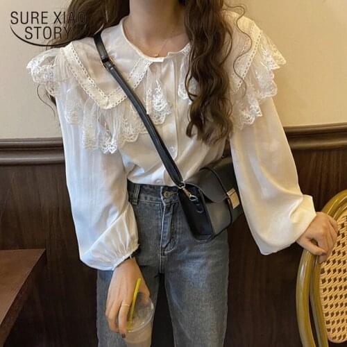 Autumn Office Lady Tops Fairy Peter Pan Collar Basic Blouse Chic 2021 Lace Chiffon Puff Sleeve Casual Vintage Female Shirt 11767