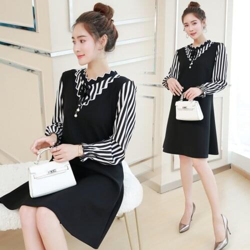 2019 Autumn Winter Pregnant Clothing Maternity Dress Fashion Splicing Striped Fake Two Pieces Dresses Pregnancy Dress Plus Size