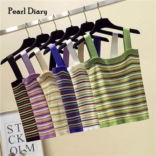 Pearl Diary Women Summer Striped Strappy Knitted Crop Tops Skinny Going Out Beachwear Vacation Casual Sweet Tops For Girls New